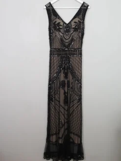 Black Beaded Vintage 1920s Style Long Evening Dress 10
