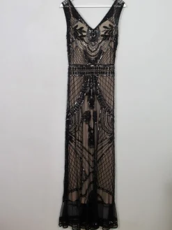 Black Beaded Vintage 1920s Style Long Evening Dress 10