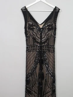 Black Beaded Vintage 1920s Style Long Evening Dress 10