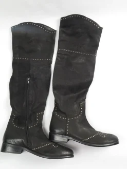 Black Leather Studded Over The Knee Moleskin Boots 41/8