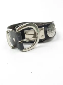 Black Leather Vintage Belt With Silver Metal Pieces M/L