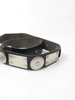 Black Leather Vintage Belt With Silver Metal Pieces M/L