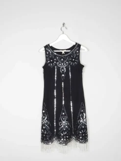 Black 1920s Vintage Style Flapper Dress With Beads S