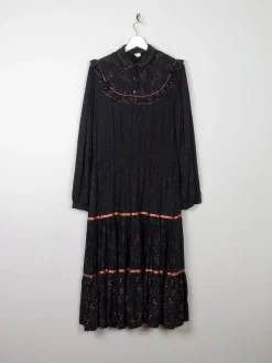 Black Vintage 1970s Prairie Style Midi Dress M/L