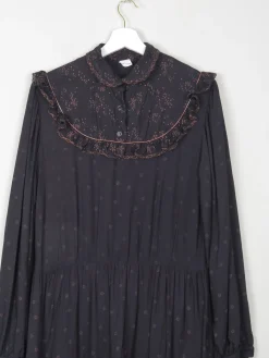 Black Vintage 1970s Prairie Style Midi Dress M/L