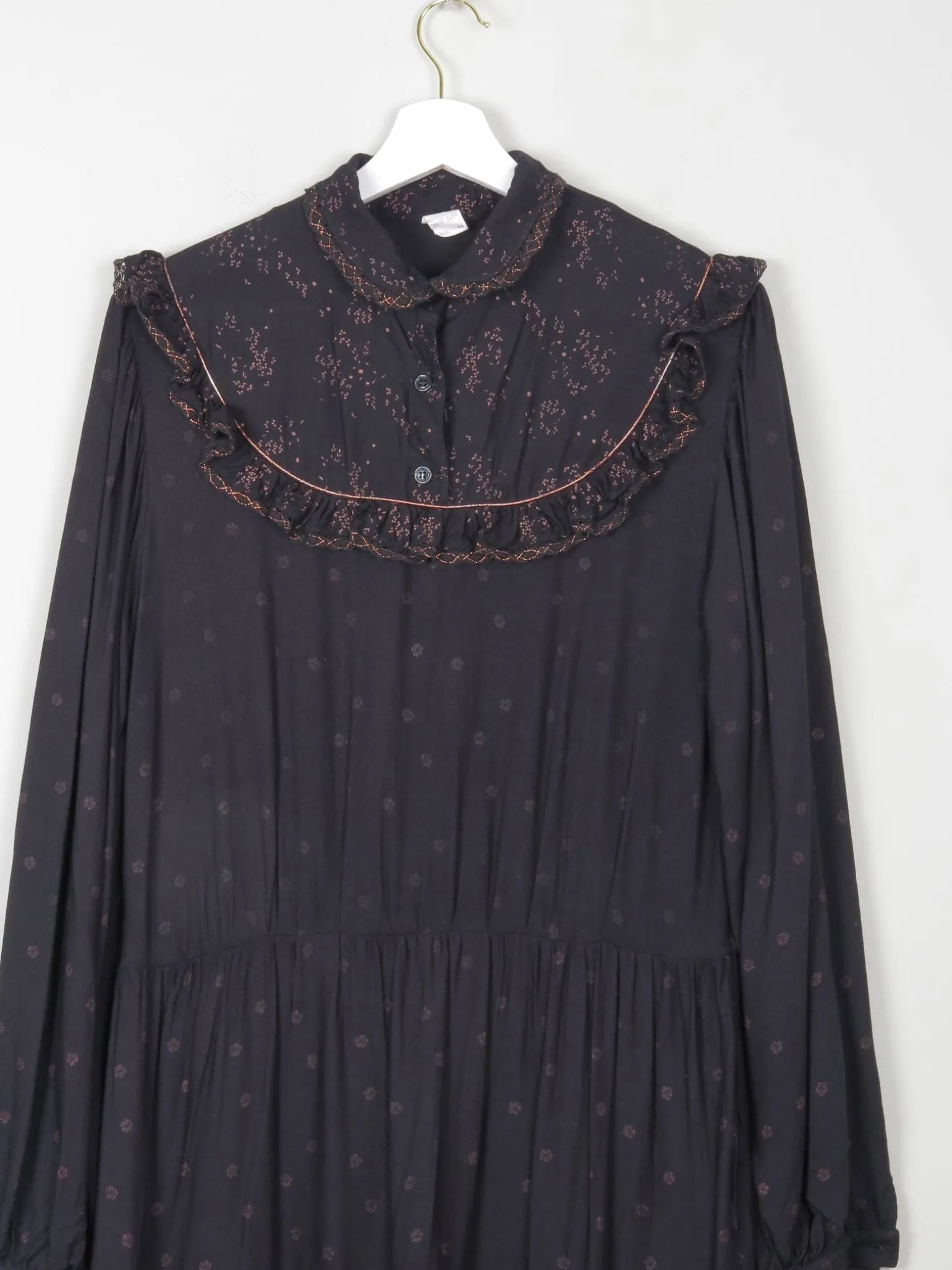 Black Vintage 1970s Prairie Style Midi Dress M/L
