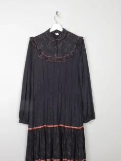 Black Vintage 1970s Prairie Style Midi Dress M/L