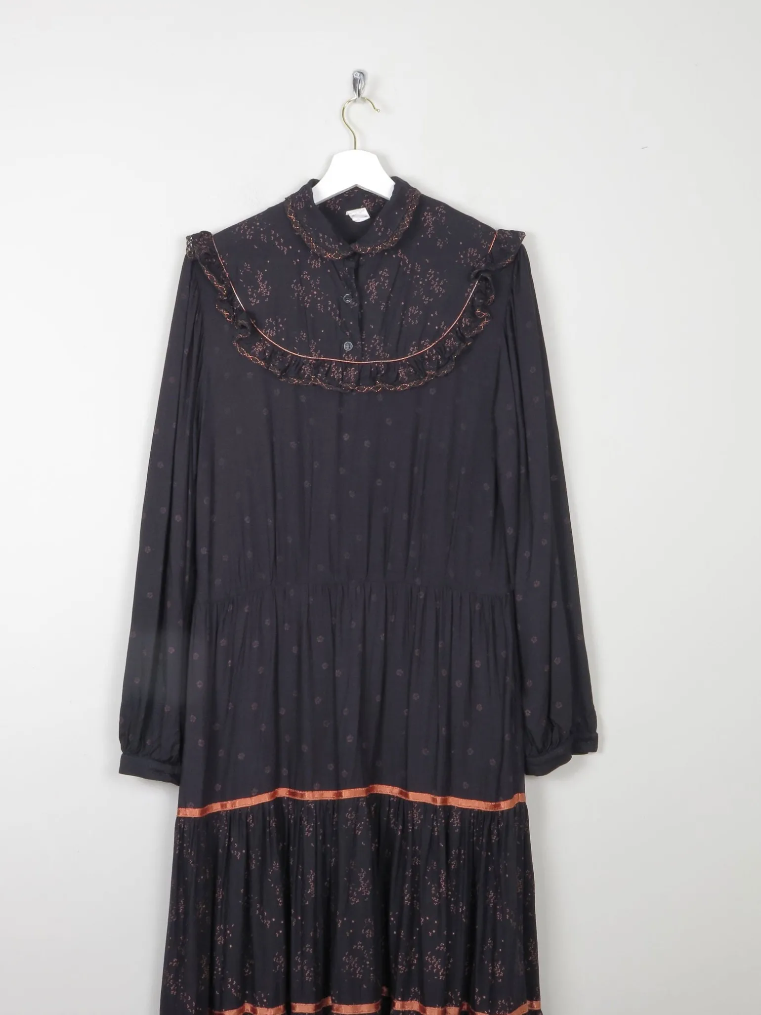 Black Vintage 1970s Prairie Style Midi Dress M/L