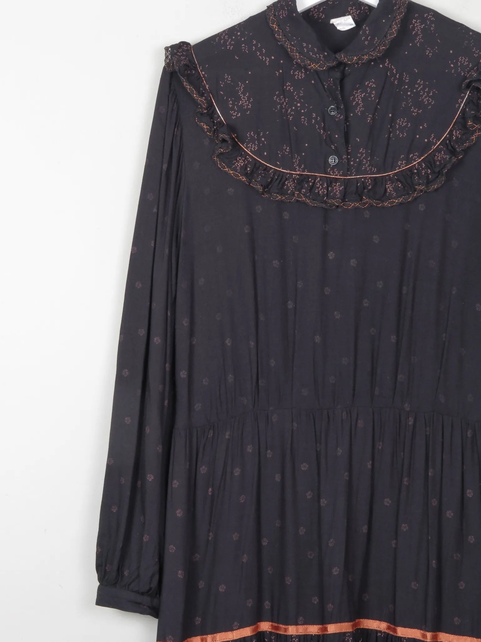 Black Vintage 1970s Prairie Style Midi Dress M/L