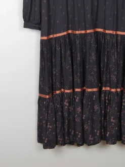 Black Vintage 1970s Prairie Style Midi Dress M/L