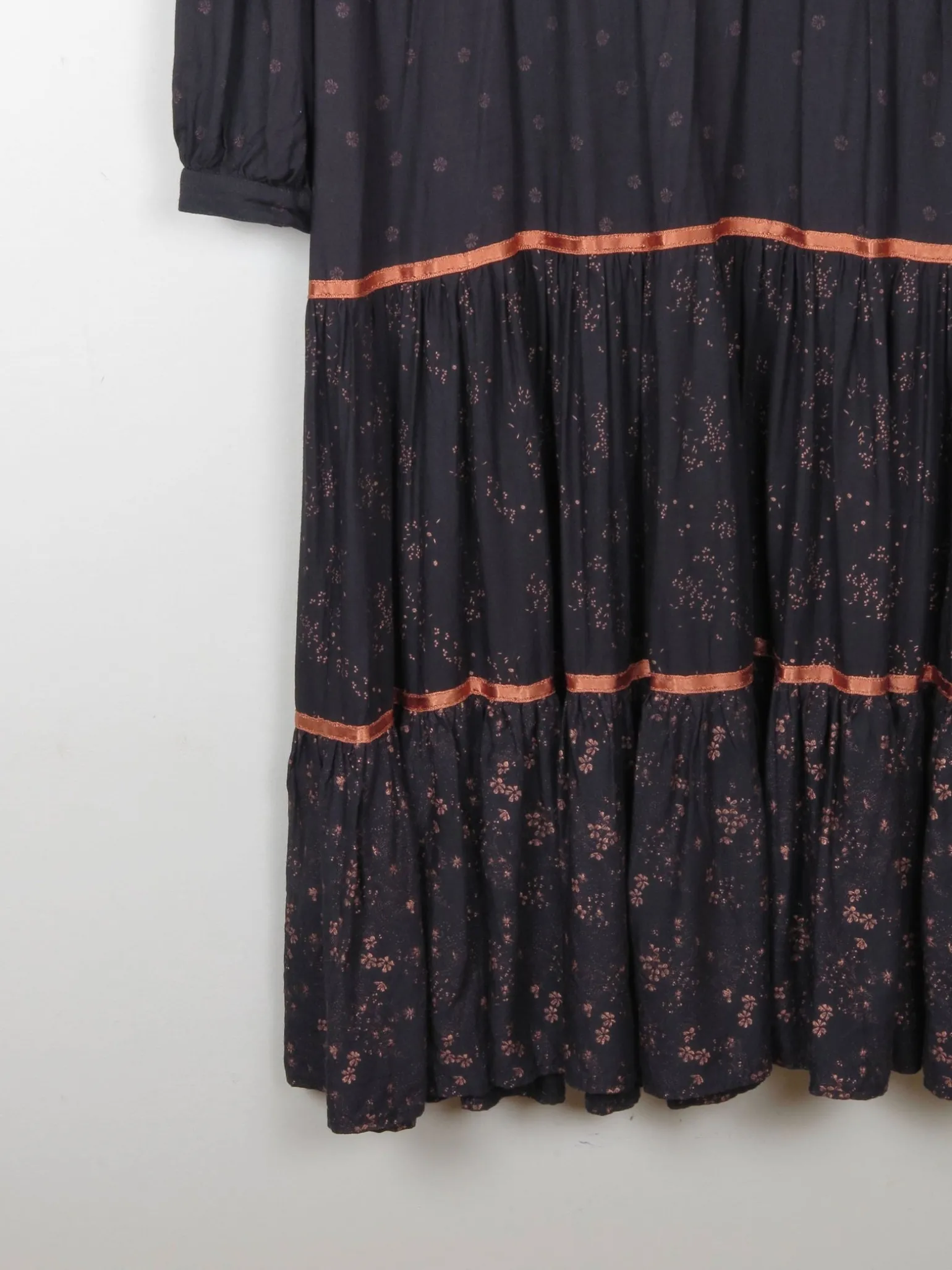 Black Vintage 1970s Prairie Style Midi Dress M/L