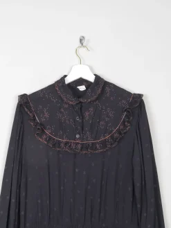 Black Vintage 1970s Prairie Style Midi Dress M/L