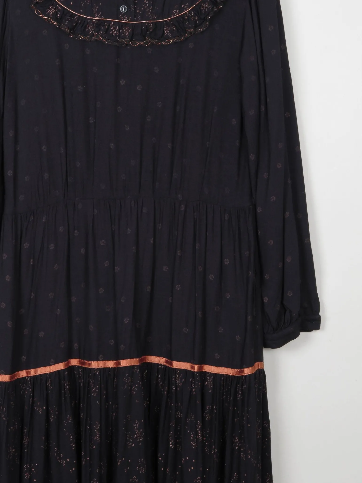 Black Vintage 1970s Prairie Style Midi Dress M/L