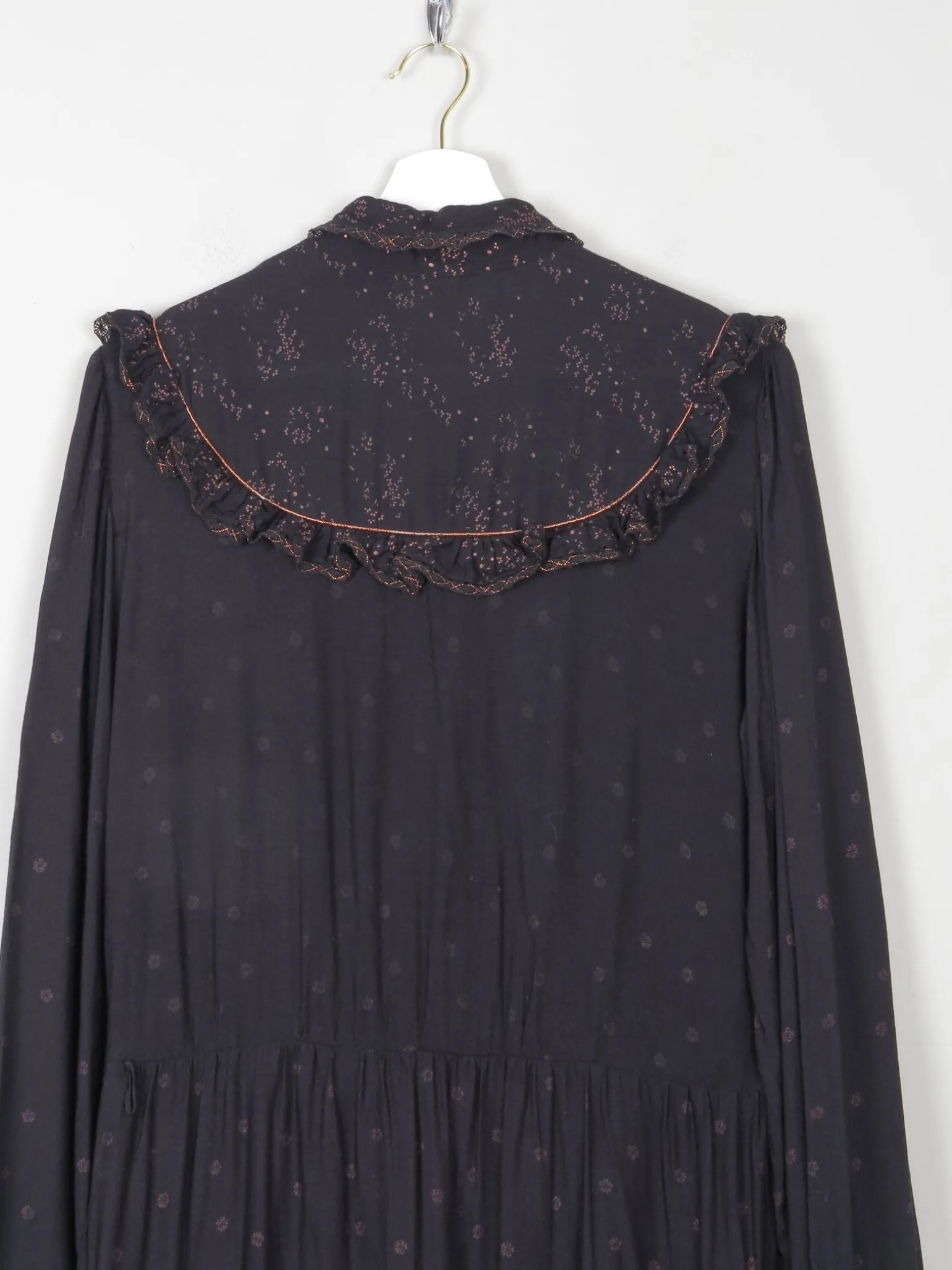 Black Vintage 1970s Prairie Style Midi Dress M/L