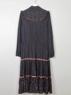 Black Vintage 1970s Prairie Style Midi Dress M/L