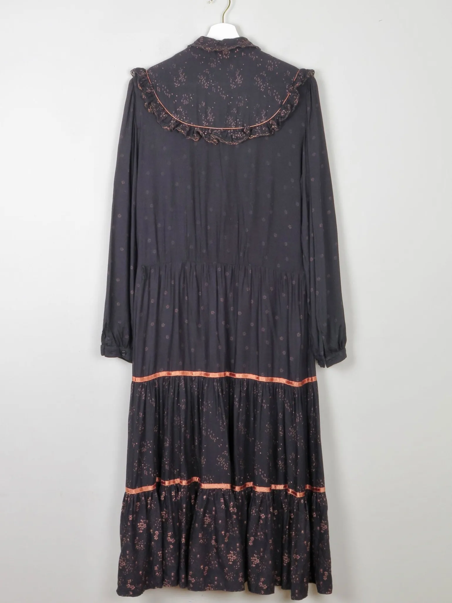 Black Vintage 1970s Prairie Style Midi Dress M/L
