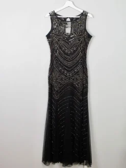 Black Vintage Style 1920s Style Beaded Evening Dress Long Joanna Hope New 14