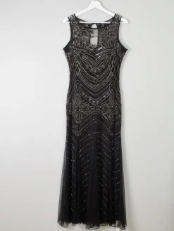 Black Vintage Style 1920s Style Beaded Evening Dress Long Joanna Hope New 14
