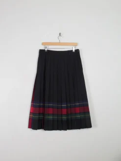 Black Vintage Wool Pleated Midi Skirt With Stripes 32" 14