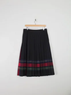 Black Vintage Wool Pleated Midi Skirt With Stripes 32