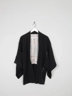 Black Wool Vintage Kimono With Floral Pattern S/M