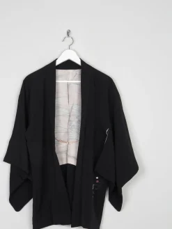 Black Wool Vintage Kimono With Floral Pattern S/M