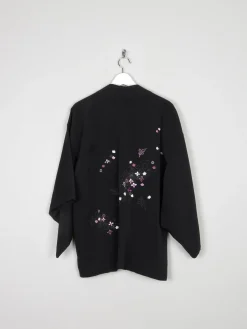 Black Wool Vintage Kimono With Floral Pattern S/M