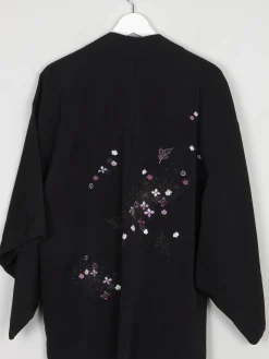 Black Wool Vintage Kimono With Floral Pattern S/M