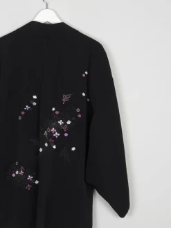 Black Wool Vintage Kimono With Floral Pattern S/M