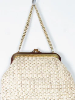 Cream Straw Vintage Handbag With Chain Handle