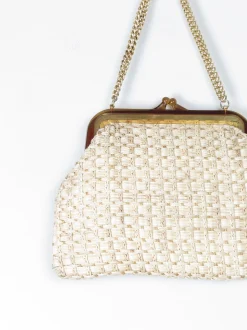 Cream Straw Vintage Handbag With Chain Handle
