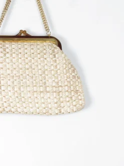 Cream Straw Vintage Handbag With Chain Handle