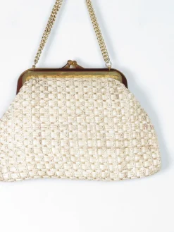 Cream Straw Vintage Handbag With Chain Handle