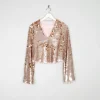 Gold Sequin Cropped V-neck Top With Bell Sleeves & Tassels 10