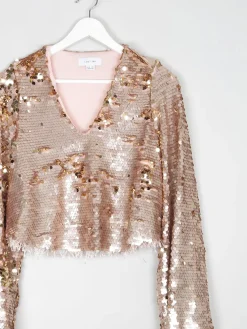 Gold Sequin Cropped V-neck Top With Bell Sleeves & Tassels 10