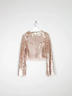 Gold Sequin Cropped V-neck Top With Bell Sleeves & Tassels 10