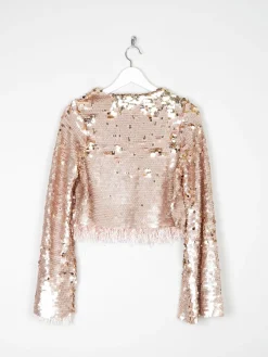 Gold Sequin Cropped V-neck Top With Bell Sleeves & Tassels 10