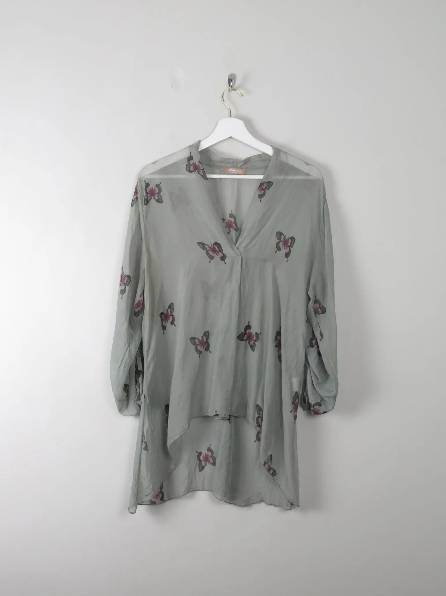 Green Silk Top With Butterfly Print M/L