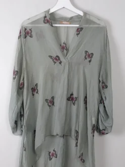 Green Silk Top With Butterfly Print M/L