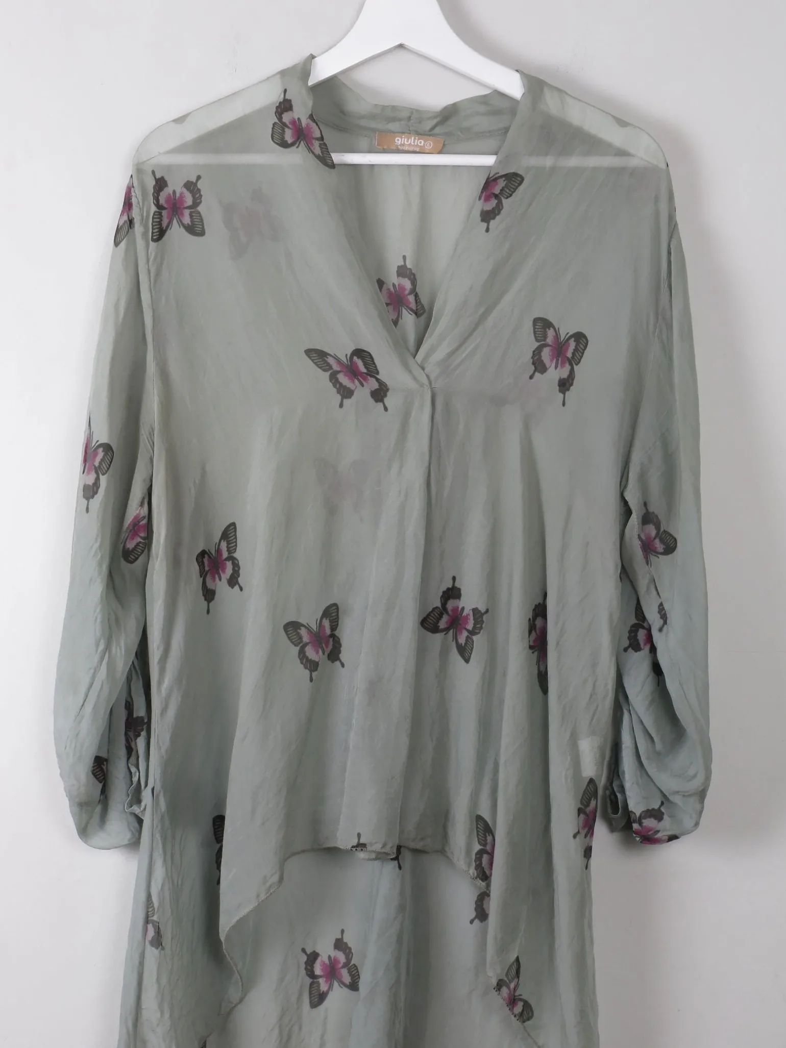 Green Silk Top With Butterfly Print M/L