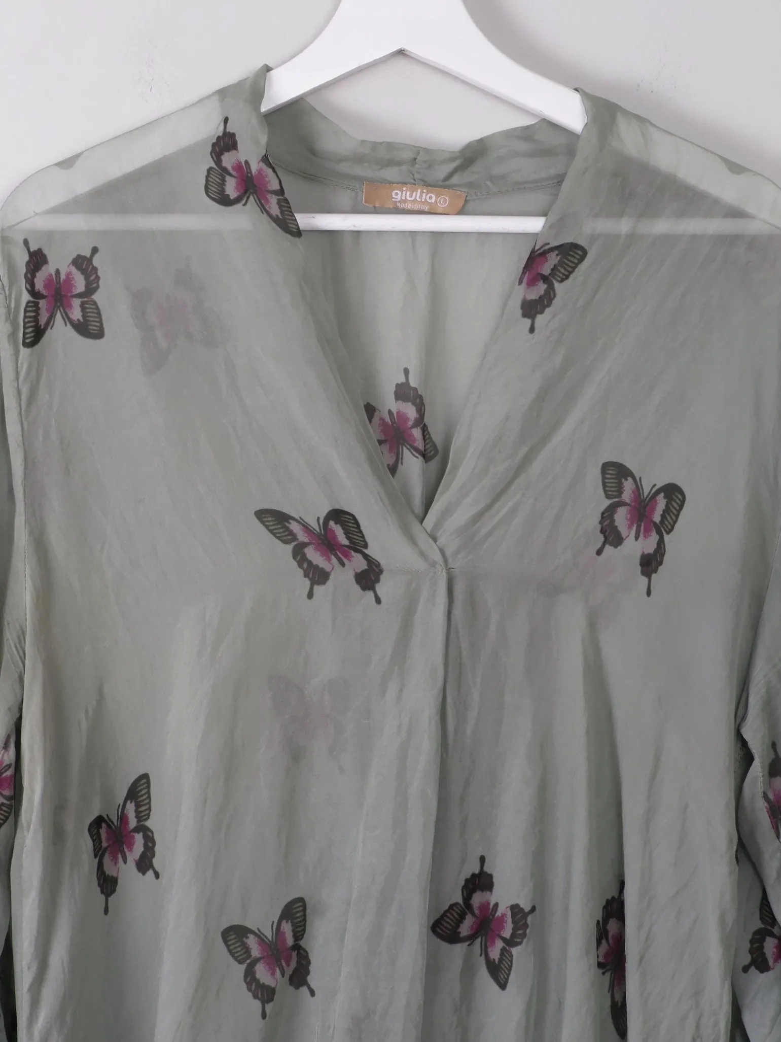 Green Silk Top With Butterfly Print M/L