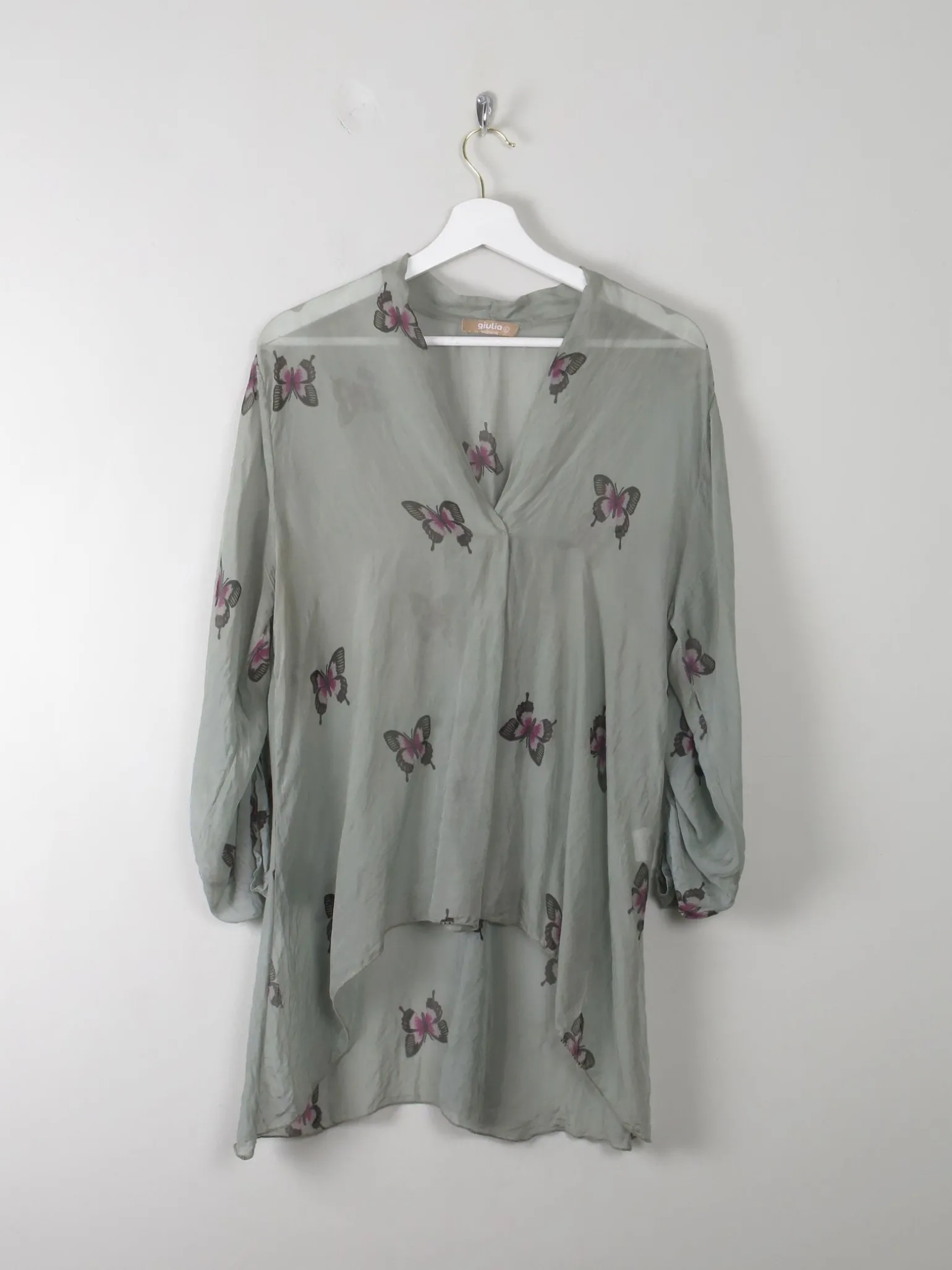 Green Silk Top With Butterfly Print M/L