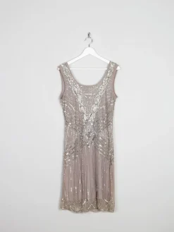 Grey/Taupe Vintage 1920s Style Beaded Flapper Dress With Silver 14