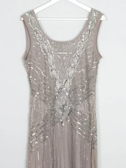 Grey/Taupe Vintage 1920s  Style Beaded Flapper Dress With Silver 14