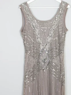 Grey/Taupe Vintage 1920s  Style Beaded Flapper Dress With Silver 14