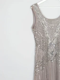 Grey/Taupe Vintage 1920s  Style Beaded Flapper Dress With Silver 14