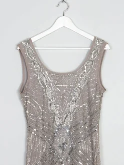 Grey/Taupe Vintage 1920s  Style Beaded Flapper Dress With Silver 14