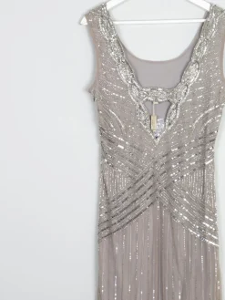 Grey/Taupe Vintage 1920s  Style Beaded Flapper Dress With Silver 14
