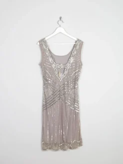 Grey/Taupe Vintage 1920s  Style Beaded Flapper Dress With Silver 14