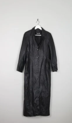 Ladies Long Black Vintage Leather Coat XS/S